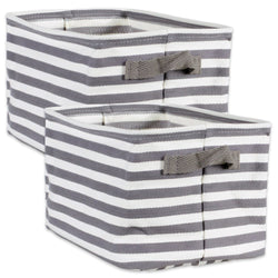 Pe Coated Herringbone Woven Cotton Laundry Bin Stripe Gray Rectangle Medium 14x9x8 Set/2