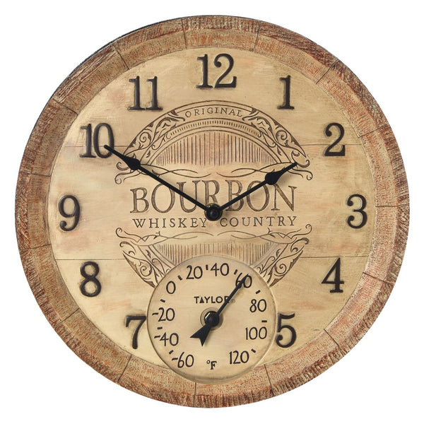 Taylor Precision Products 14-inch Clock With Thermometer (bourbon Barrel)